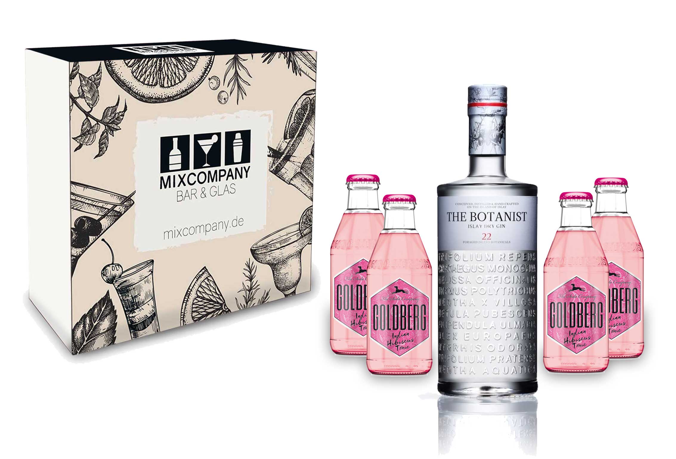 Gin Tonic Set Giftbox Geschenkset - The Botanist Islay Dry Gin 0,7l 700ml (46% Vol) + 4x Goldberg Indian Hibiscus Tonic 200ml inkl. Pfand MEHRWEG -[Enthält Sulfite]