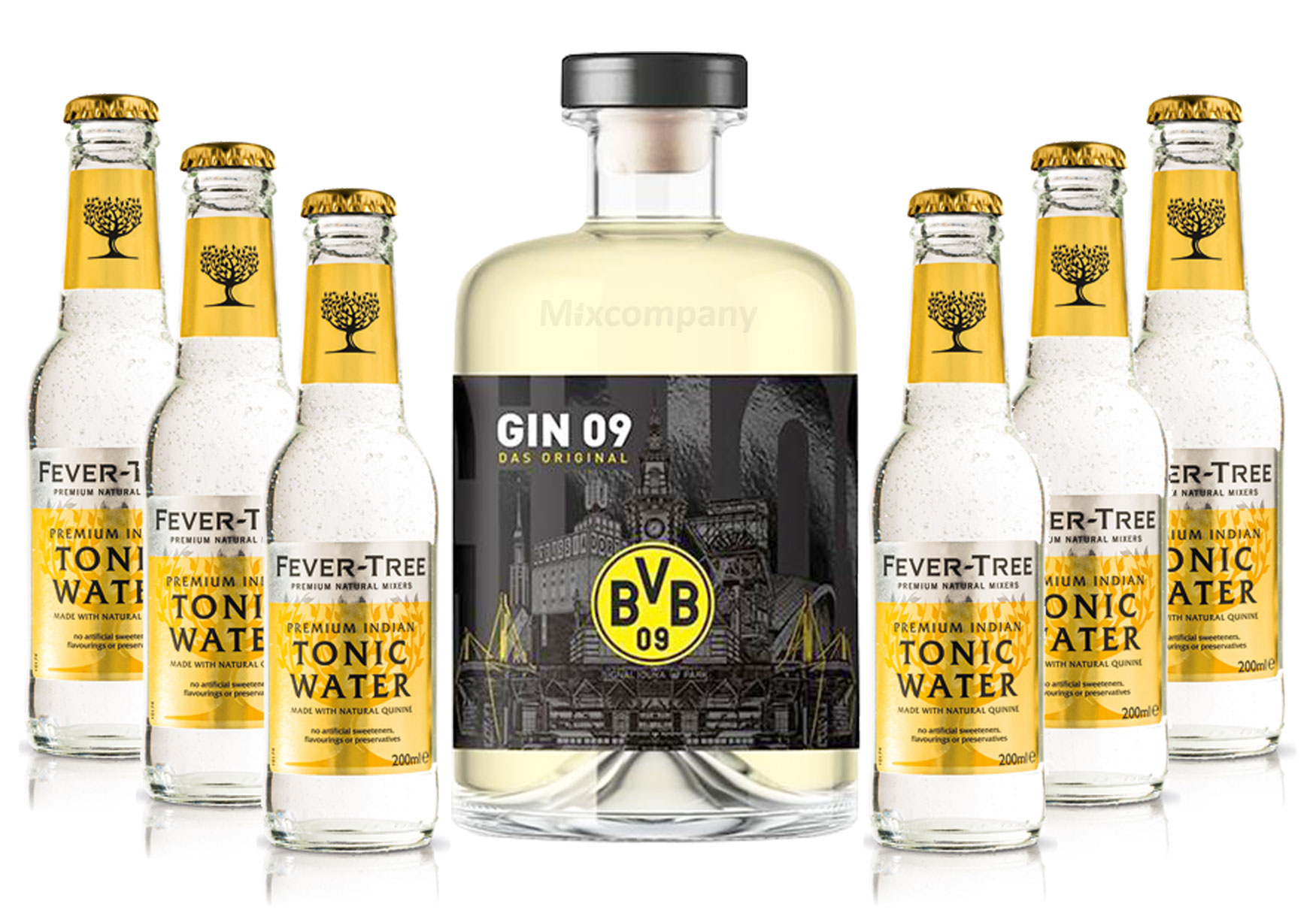 BVB Gin 09 Das Original 0,5l 500ml (43% Vol) + 6xFever-Tree Premium Indian Tonic Water 0,2l MEHRWEG inkl. Pfand- [Enthält Sulfite]