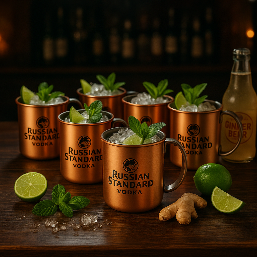 Russian Standard Moscow Mule Kupferbecher 6er Set – Original Edelstahl Tassen im Hammer-Look – Perfekt für Moscow Mule & Cocktails