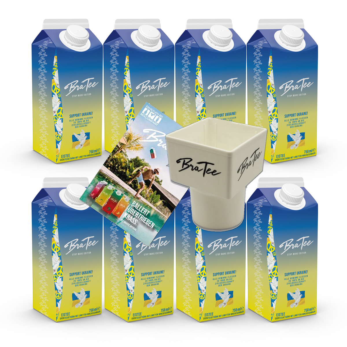 Capital BraTee Stop Wars Ukraine Edition 8er Set Special Eistee je 750ml Grüntee Limette-Minze Geschmack + Gratis Getränkehalter + Autogrammkarte BRATEE Limited Edition Ice tea mit Capi-Qualitäts-Siegel 