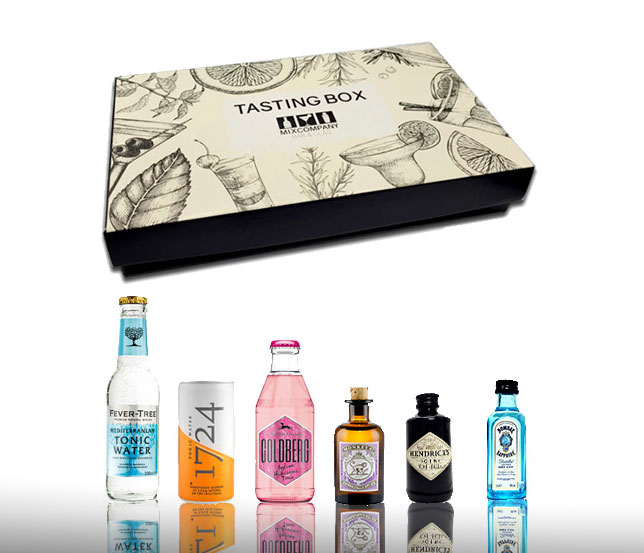 Gin Tonic Tasting Box 3x Gin Miniatur 3x Tonic - Fever Tree Mediterranean + 1724 + Goldberg Hibiscus Tonic Water + Monkey 47 + Hendricks + Bombay Gin Tonic Probierset Geschenkset 