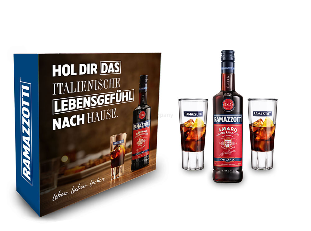 Ramazzotti Schuber Geschenkset - Ramazzotti Amaro Milano 0,7l 700ml (30% Vol) + 2 Ramazzotti Gläser