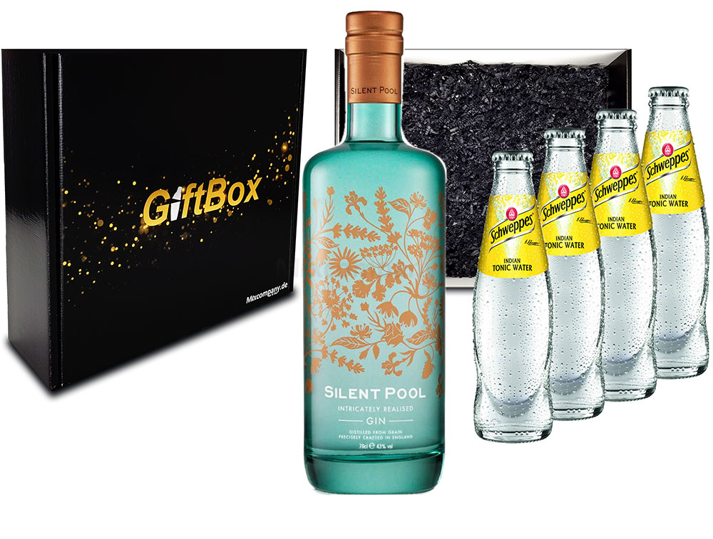 Mixcompany Gin Tonic Giftbox Geschenkset - Silent Pool Gin 0,7L 700ml (43% Vol) + 4x Schweppes Tonic Water 200ml inkl. Pfand MEHRWEG- [Enthält Sulfite]