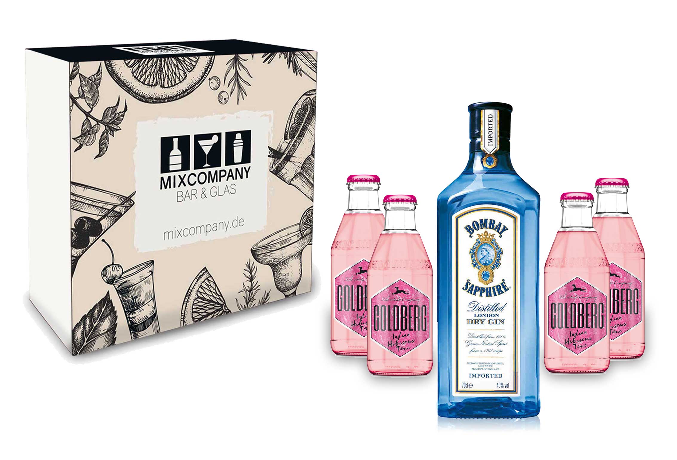 Gin Tonic Set Giftbox Geschenkset - Bombay Sapphire London Dry Gin 0,7l 700ml (40% Vol) + 4x Goldberg Indian Hibiscus Tonic 200ml inkl. Pfand MEHRWEG -[Enthält Sulfite]