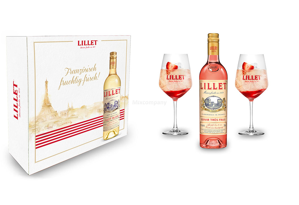 Lillet Schuber Geschenkset - Lillet Rose Aperitiv de France 750ml (17% Vol) Aperitifwein + 2 Weingläser