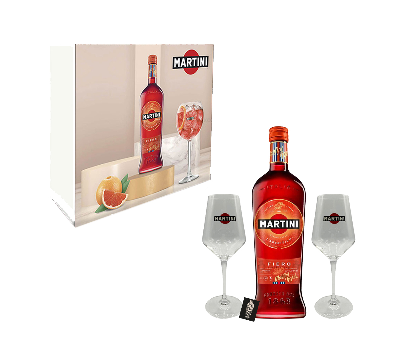 Martini Fiero Geschenkset - Martini Fiero 0,75L 14,4% Alk. + 2 x Martini Gläser nicht geeicht mit Geschenkbox