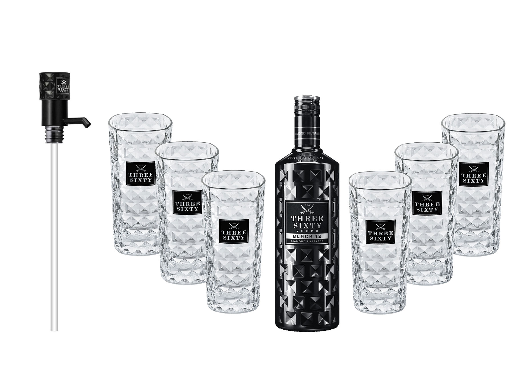 Three Sixty Black 42 Vodka 3L (42% Vol) + Pumpe + 6x Longdrink Gläser eckig -[Enthält Sulfite]