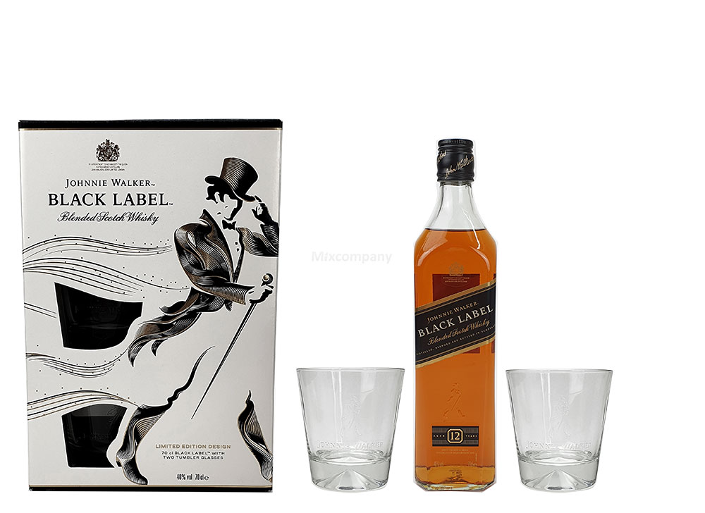 LIMITED EDITION Johnnie Walker Black Label Scotch Flasche 0,7l 700ml (40% Vol) mit Geschenkverpackung + 2 Gläsern - Geschenkbox / Geschenkverpackung + 0,7L Flasche + 2er Set Glas / Gläser / Tumbler. LIMITED EDITION- [Ent