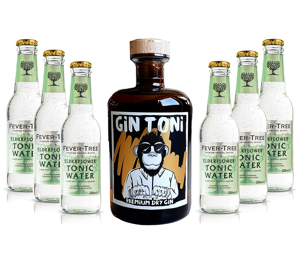 Gin Tonic Set - Gin Toni Premium Dry Gin 0,5l (41% Vol) + 6x Fever-Tree Elderflower Tonic Water 200ml inkl. Pfand MEHRWEG -[Enthält Sulfite]