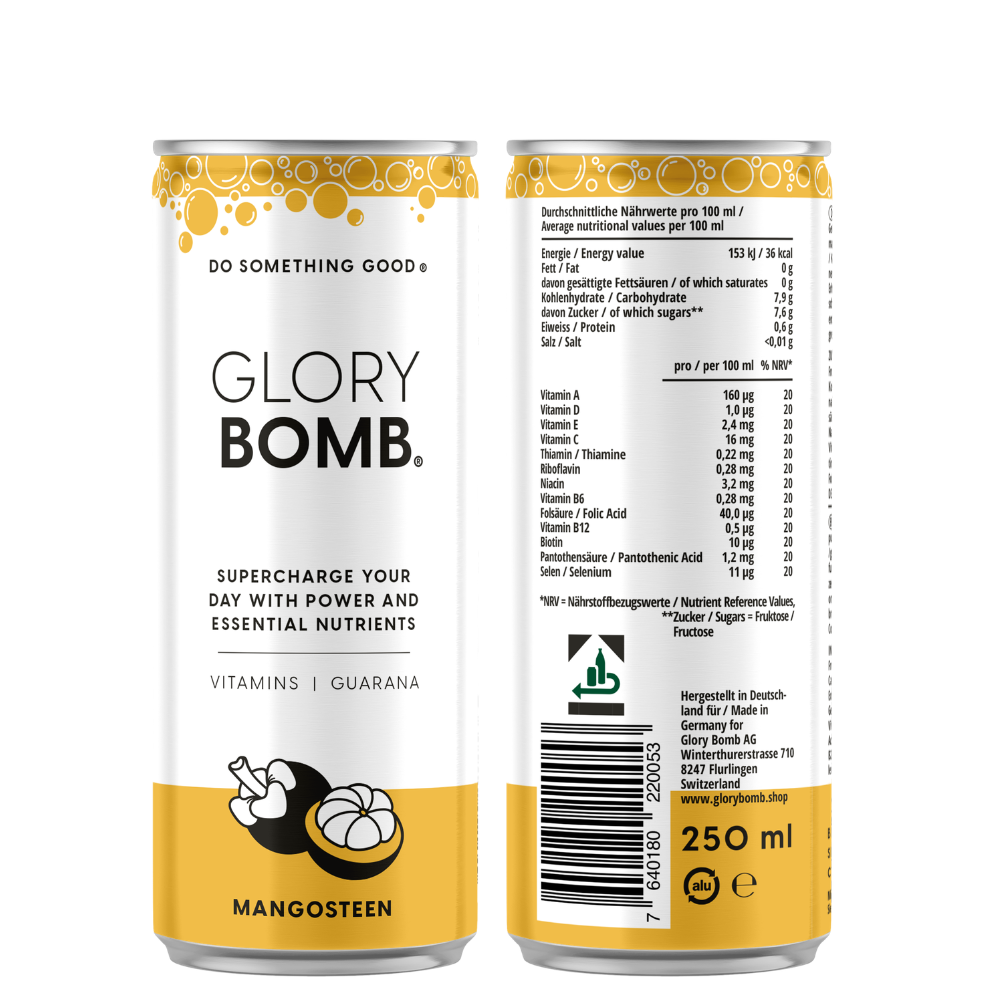 GLORY BOMB Mangosteen Drink 12 x 250 ml Tray inkl. Einweg Pfand – Mit Vitaminen & Guarana