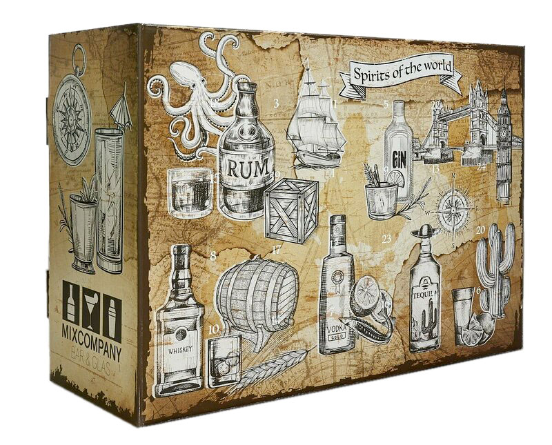 Spirituosen Adventskalender Tasting  - 24x verschiedene Spirituosen im Kalender Probierset - Gin Vodka Rum Tequila Whisky Likör 