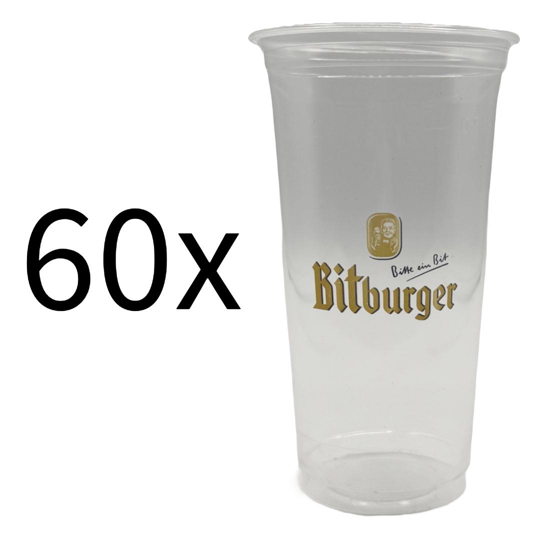 Bitburger Plastikbecher 0,5 L – 60 Stück – geeicht – Einwegbecher mit Logo – ideal für Festivals, Partys & Gastronomie
