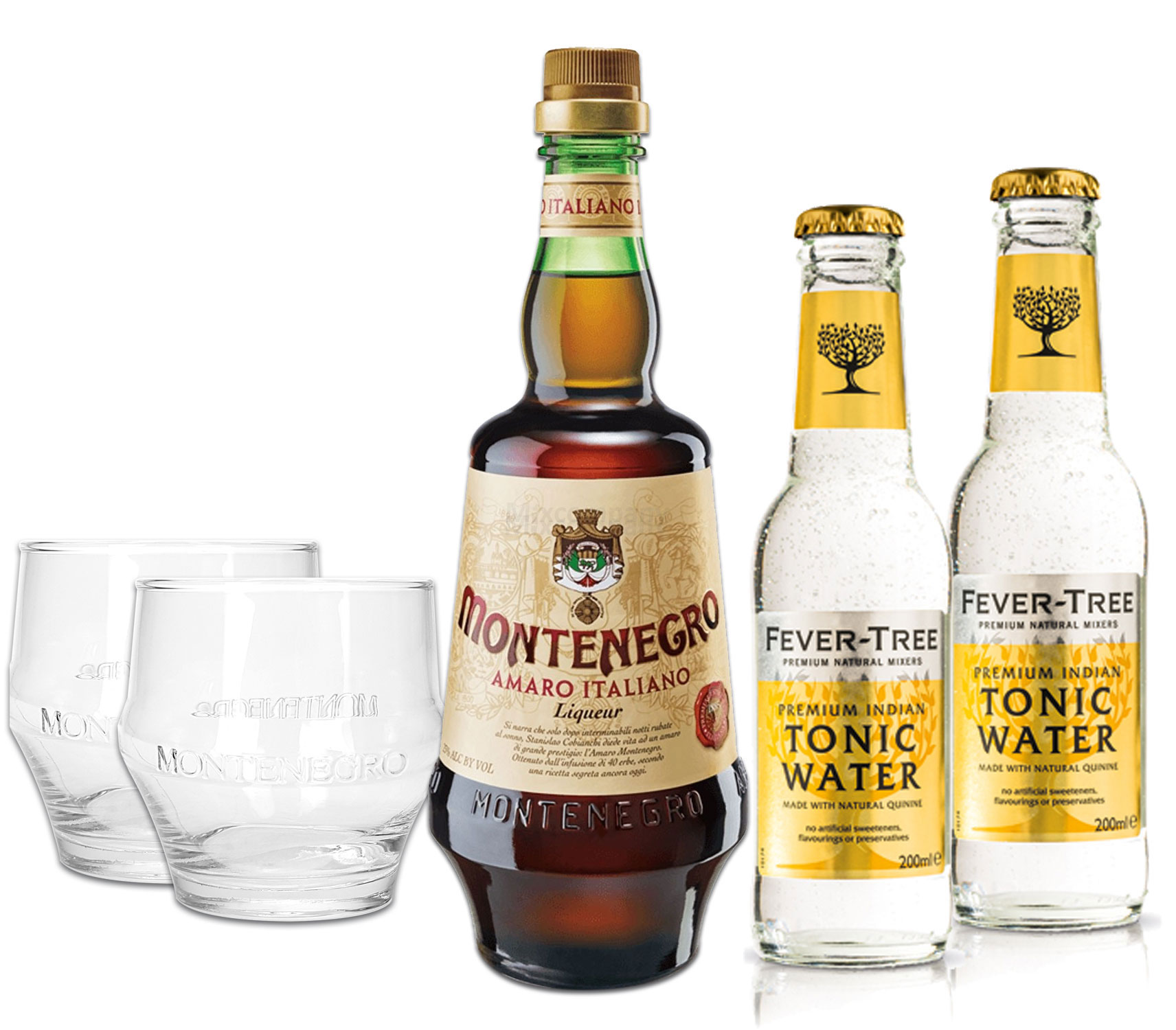 Montenegro & Tonic Set - Montenegro Amaro Italiano Likör 0,7L (23% Vol) + 2x Fever-Tree Tonic Water 200ml inkl. Pfand MEHRWEG + 2x Gläser Tumbler Glas