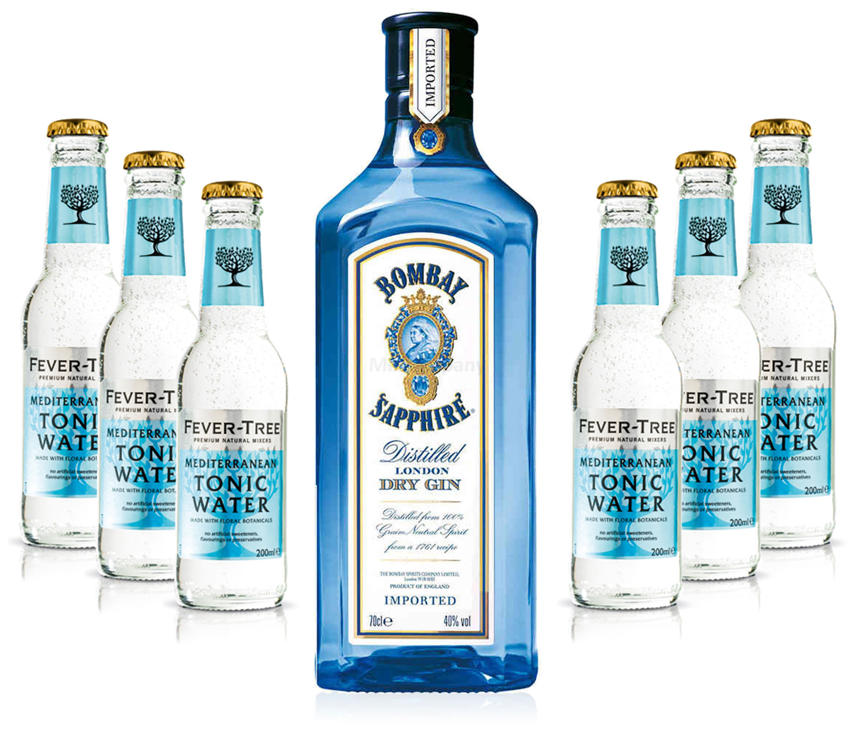 Gin Tonic Set Bombay Sapphire 0,7l 700ml (40% Vol) + 6x Fever Tree Mediterranean Tonic Water 200ml Inkl. Pfand MEHRWEG + Mixcompany Postkarte