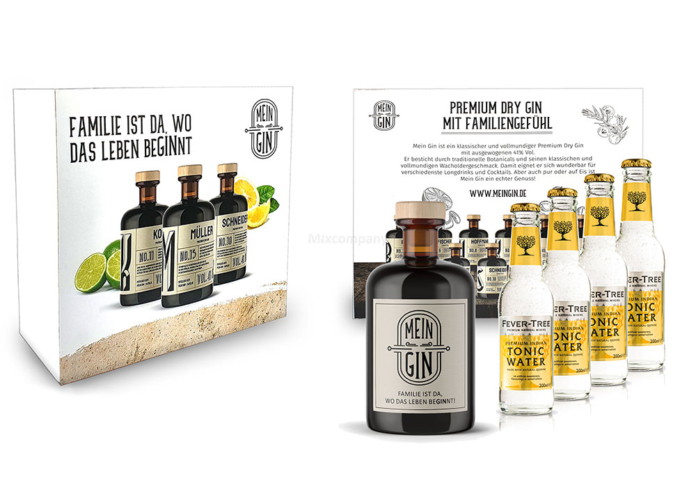 Mein Gin + Tonic Giftbox Geschenkset - Premium Dry Gin 0,5l (41% Vol) + 4x Fever-Tree Indian Tonic Water 200ml inkl. Pfand MEHRWEG - [Enthält Sulfite]