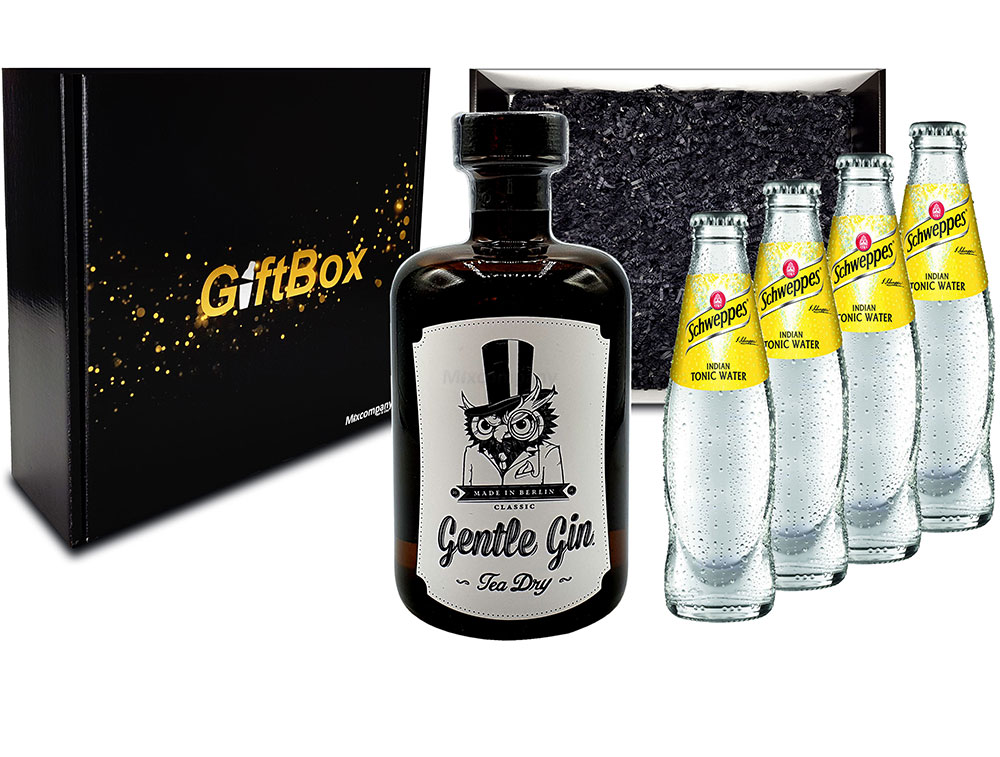 Mixcompany Giftbox - Gin Tonic Set - Gentle Gin Tea Dry 0,5l (47% Vol) + 4x Schweppes Tonic Water 200ml inkl. Pfand MEHRWEG - in Geschenkverpackung- [Enthält Sulfite]