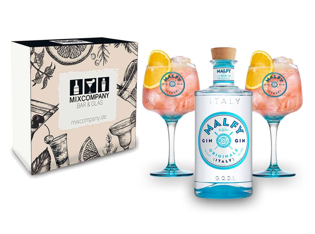 Malfy Gin Giftbox Set - Malfy Gin Originale 0,7l - 700ml (41% VOL) + 2 Malfy Gin Ballon Gläser / Glas in Geschenkverpackung - [Enthält Sulfite]