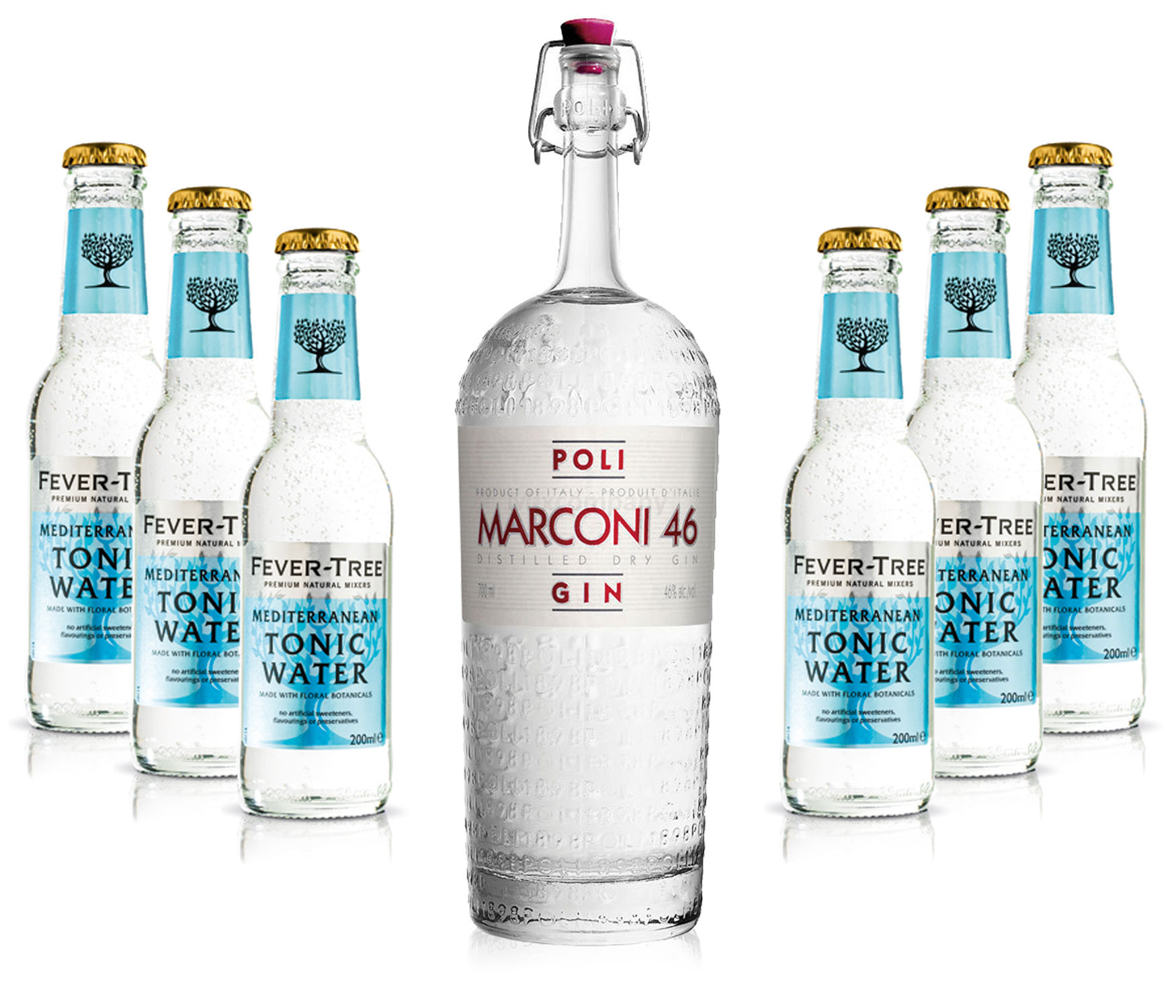 Gin Tonic Set - Marconi 46 Gin 0,7l 700ml (46% Vol) + 6x Fever Tree Mediterranean Tonic Water 200ml inkl. Pfand MEHRWEG