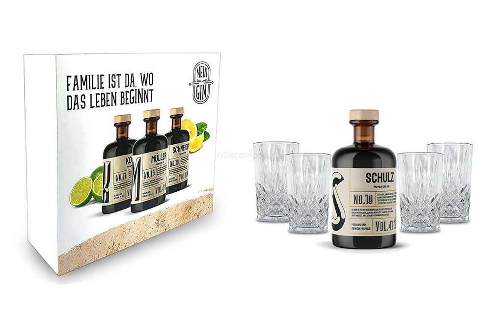 Mixcompany Geschenkset - Mein Gin / Gin Tonic Set - Schulz No 19 Gin 0,5L (41% Vol) + 4x Longdrink Glas in Kristall Optik - [Enthält Sulfite]