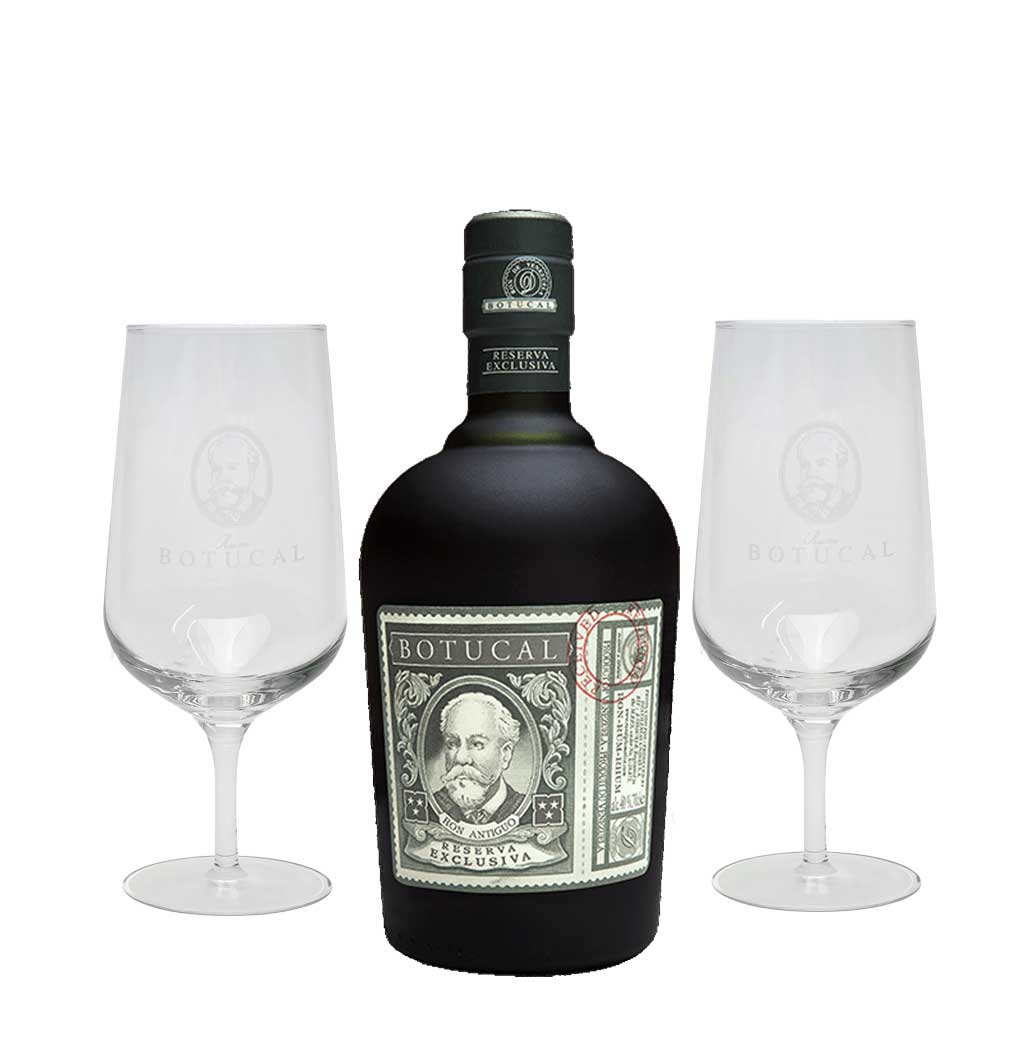 Botucal Reserva Exclusiva Rum mit 2 Botucal Nosing Gläser 0,70l (40% Vol) Ron de Venezuela Glas Longdrinkglas - Set - [Enthält Sulfite]
