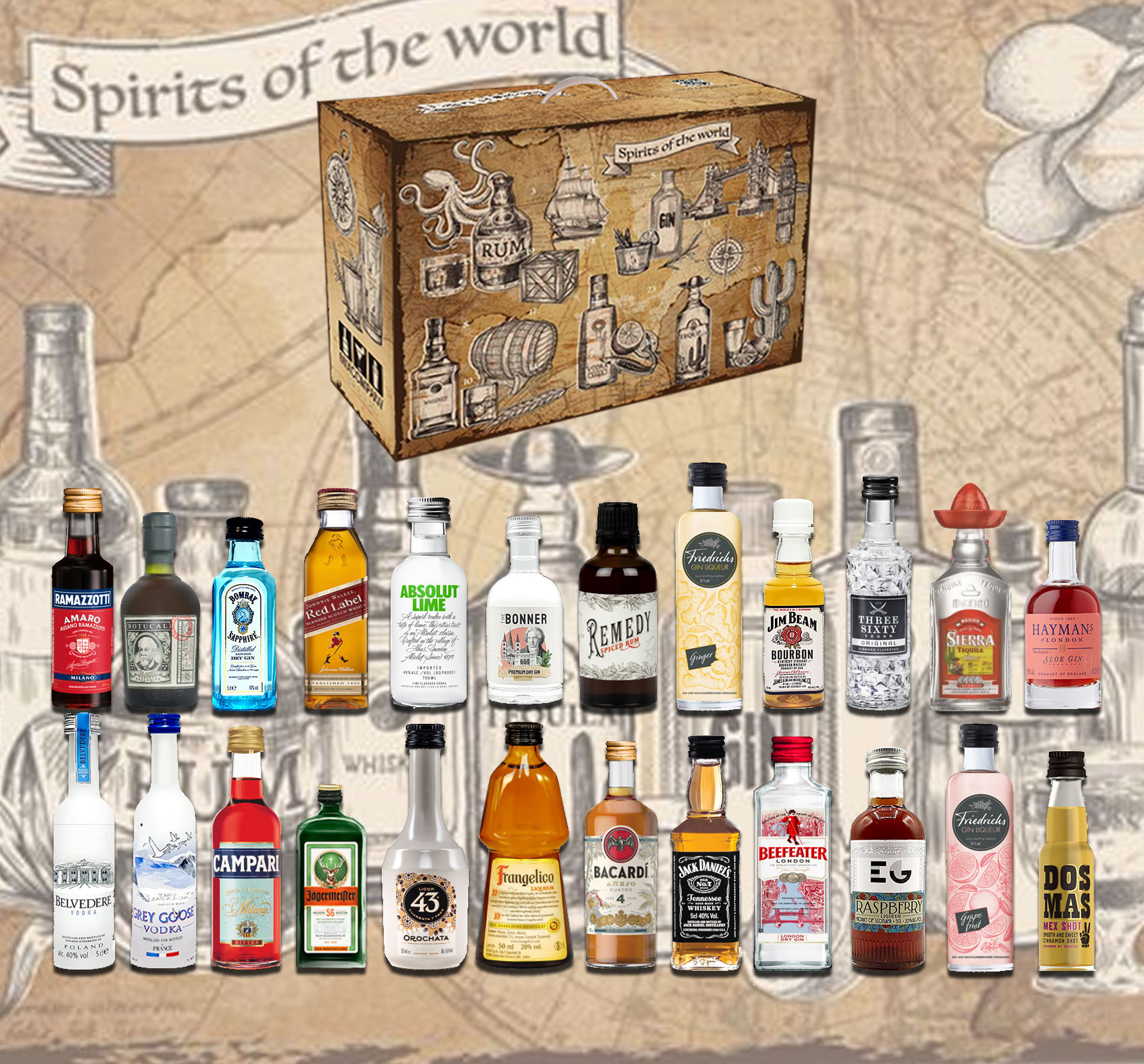 Spirituosen Adventskalender Tasting  - 24x verschiedene Spirituosen im Kalender Probierset - Gin Vodka Rum Tequila Whisky Likör 