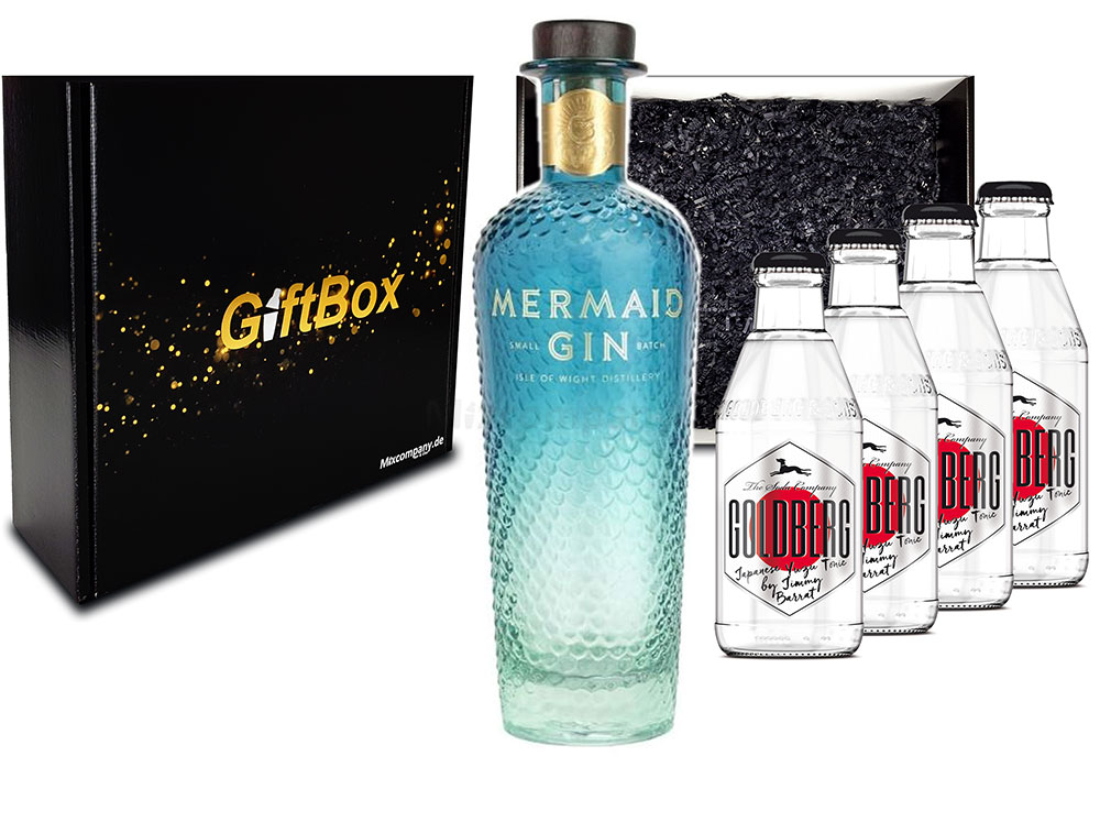 Mixcompany Gin Tonic Giftbox Geschenkset - Mermaid Gin 0,7L 700ml (42% Vol) + 4x Goldberg Japanese Yuzu Tonic Water 0,2l MEHRWEG inkl. Pfand Gin Tonic Bar - [Enthält Sulfite]