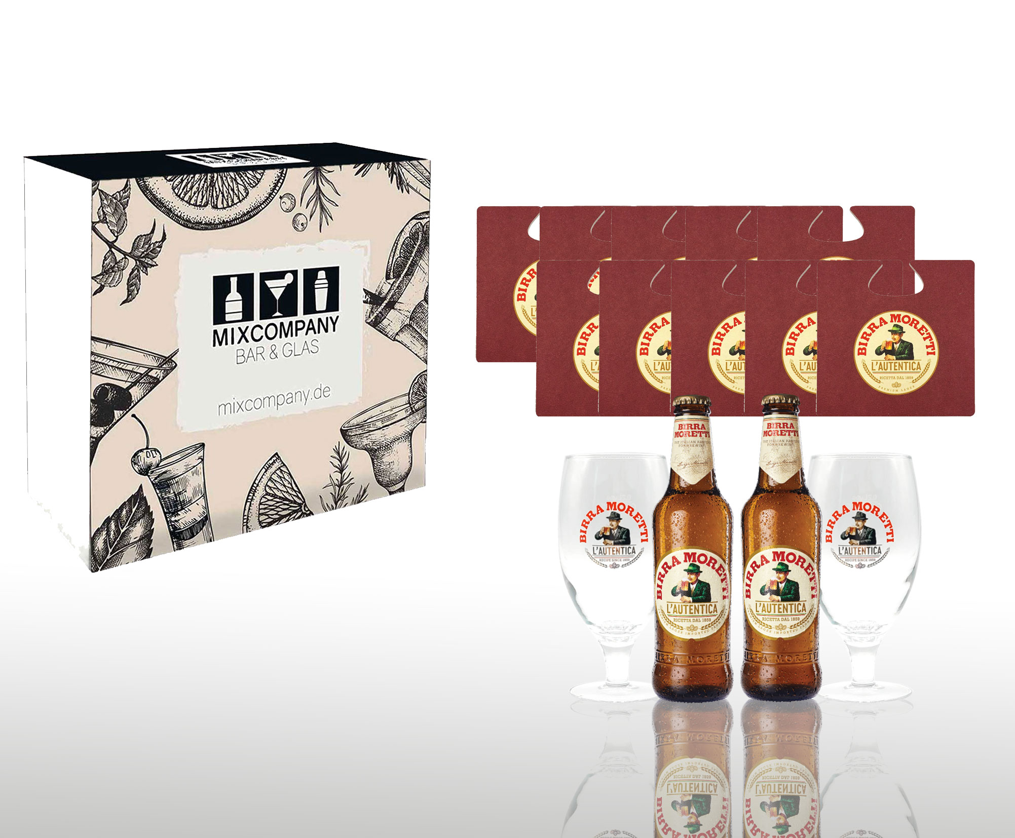 Moretti Geschenkset Birra Moretti L'autentica 2x 0,33L (4,6% Vol) + 2x Bierglas mit 0,2L Eichung + 10x Bierdeckel italienisches Bier- [Enthält Sulfite]