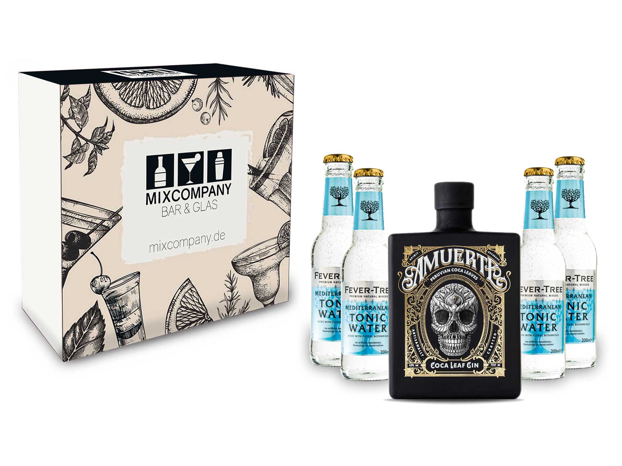 Amuerte Geschenkset -  Gin Tonic Black Coca Leaf Koks Gin 0,7l (43% Vol) + 4x Fever Tree Mediterranean Tonic Water 200ml inkl. Pfand MEHRWEG - [Enthält Sulfite]