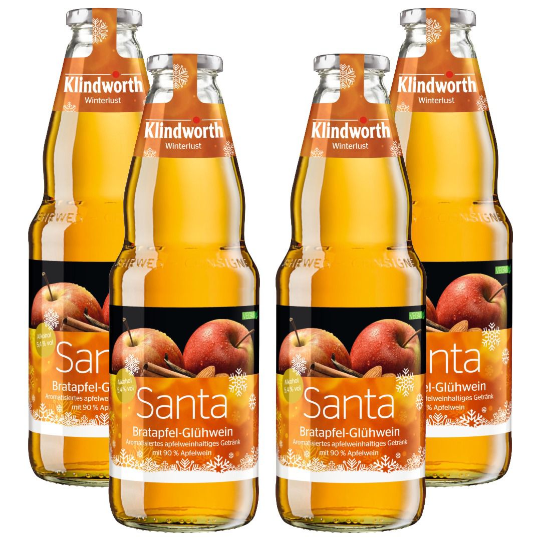 Klindworth  Santa Bratapfel-Glühwein – 4 x 1L | Aromatisierter Apfelglühwein für winterliche Genussmomente inkl. Pfand MEHRWEG (5,4 % vol.)- [Enthält Sulfite]