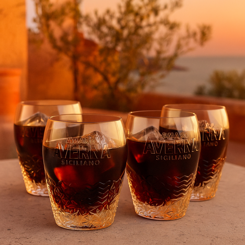 Averna Shotglas 4er-Set – Original Tumbler im neuen Design mit Reliefmuster & 2-cl-Eichung – Hochwertige Likörgläser für Amaro, Digestif & Aperitif