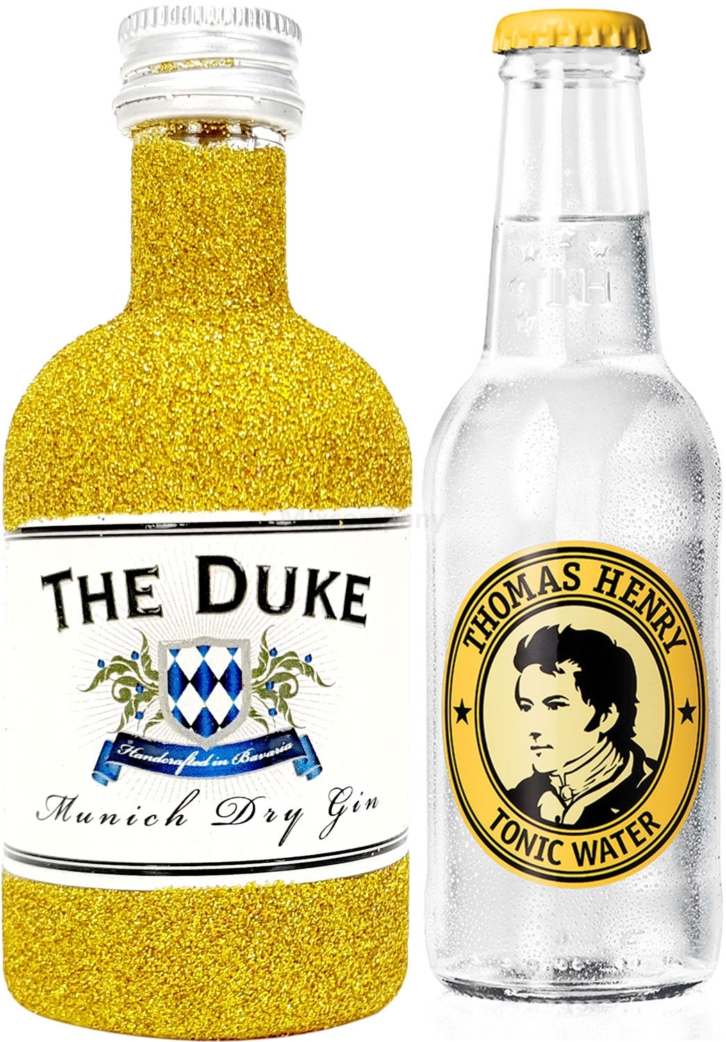 Gin Tonic Bling Bling Mini Probierset - The Duke Munich Dry Gin 50ml (45% Vol) Glitzerflasche Gold + Thomas Henry Tonic Water 200ml inkl. Pfand MEHRWEG -[Enthält Sulfite]