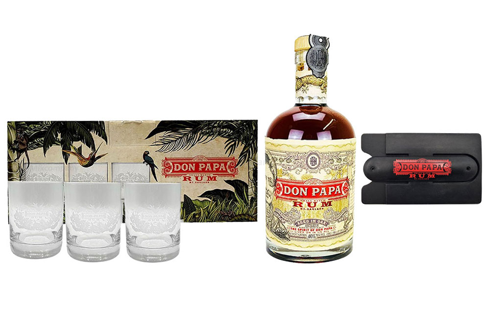 Don Papa Rum 0,7l (40% Vol) + 3 Tumbler / Gläser / Longdrinkglas mit Verpackung + Handy Karten/Halterung zum Aufkleben [Enthält Sulfite]