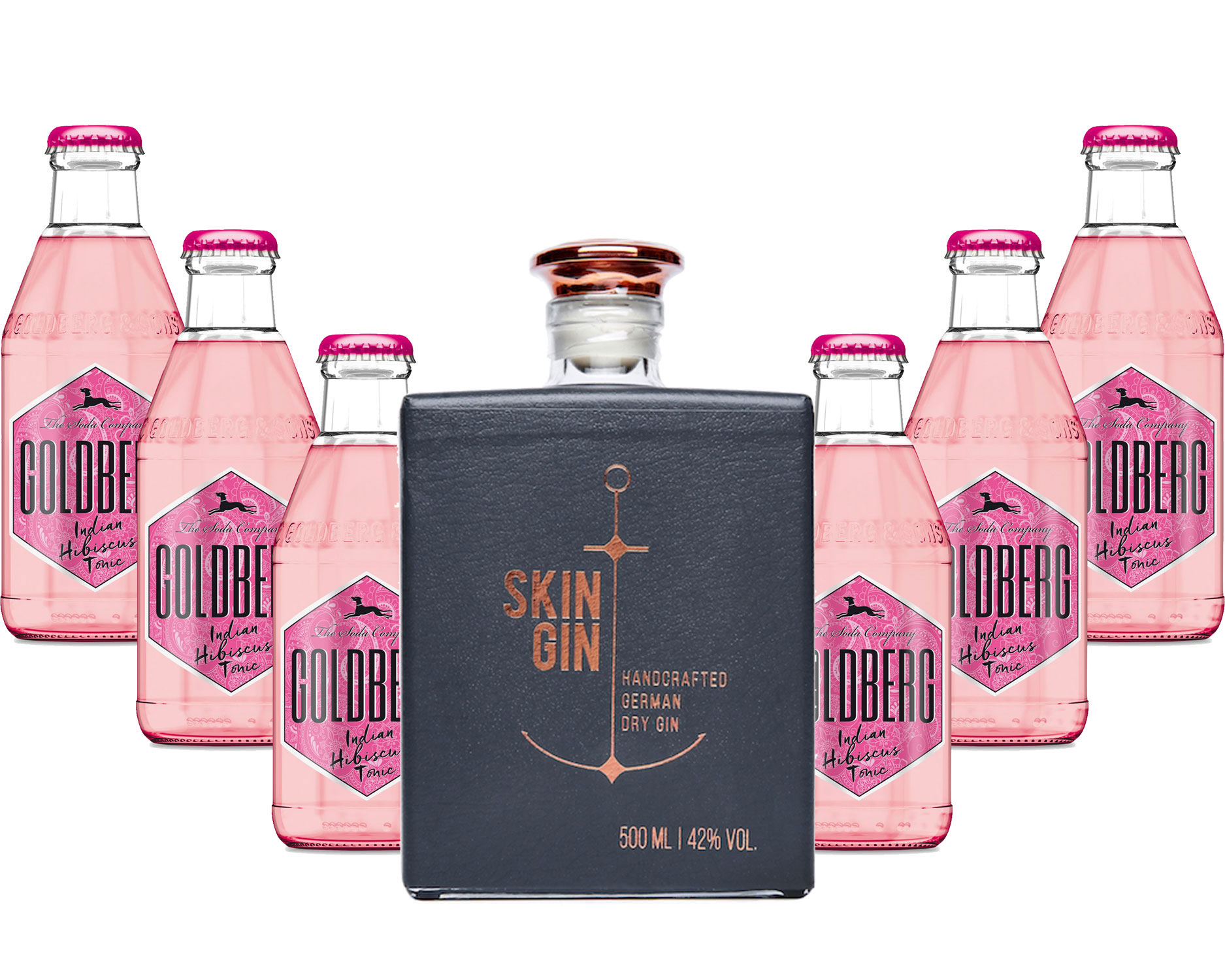 Gin Tonic Set - Skin Gin German Handcrafted Dry Gin 50cl (42% Vol) + 6x Goldberg Indian Hibiscus Tonic 200ml inkl. Pfand MEHRWEG -[Enthält Sulfite]