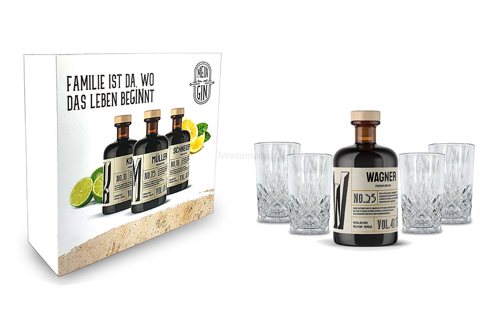 Mixcompany Geschenkset - Mein Gin / Gin Tonic Set - Wagner No 25 Gin 0,5L (41% Vol) + 4x Longdrink Glas in Kristall Optik - [Enthält Sulfite]