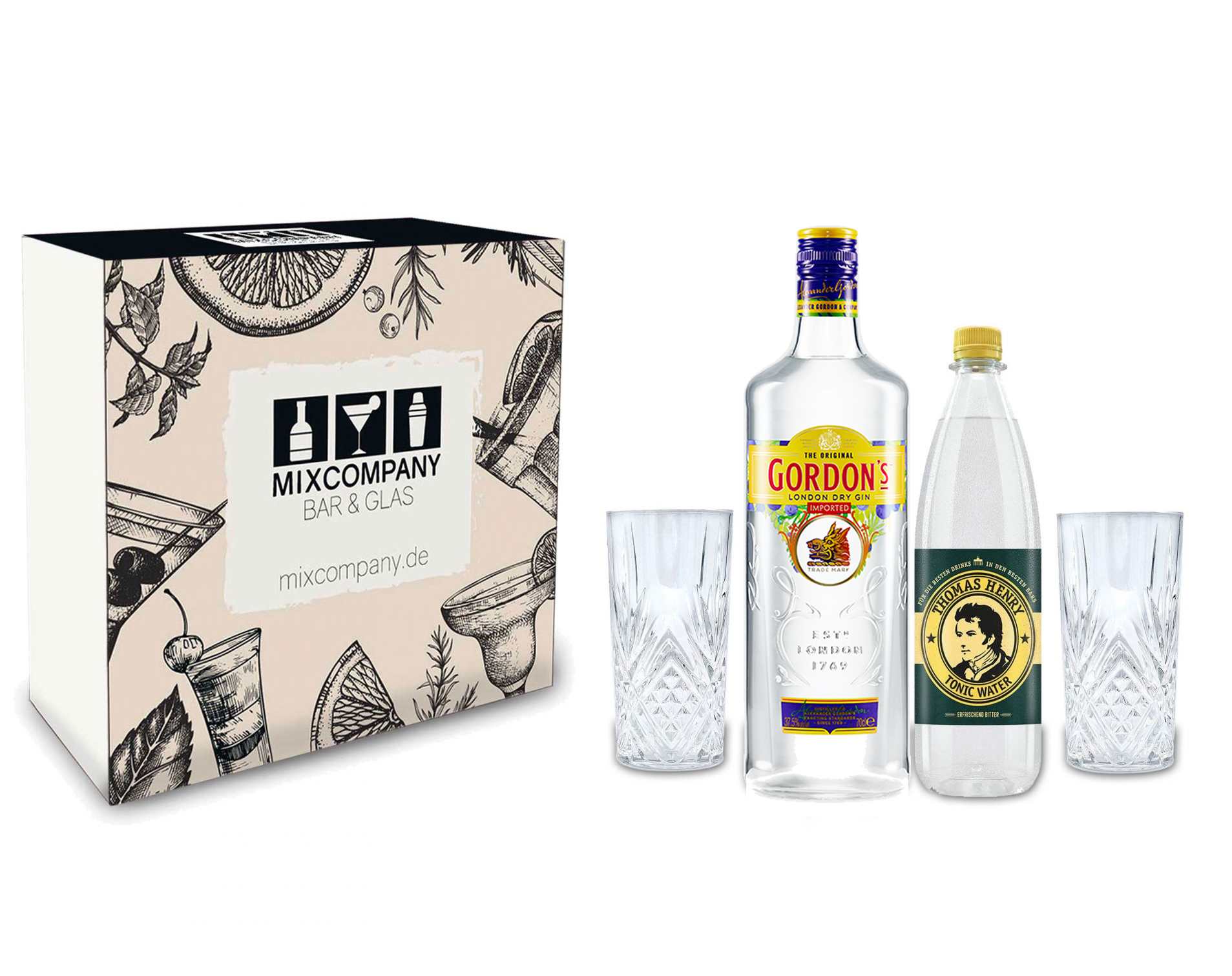 Gordons Gin Tonic Set / Geschenkset - Gordons London Dry Gin 0,7l 700ml (37,5% Vol.) + Thomas Henry Tonic Water 1000ml + 2x Gläser - Inkl. Pfand MEHRWEG