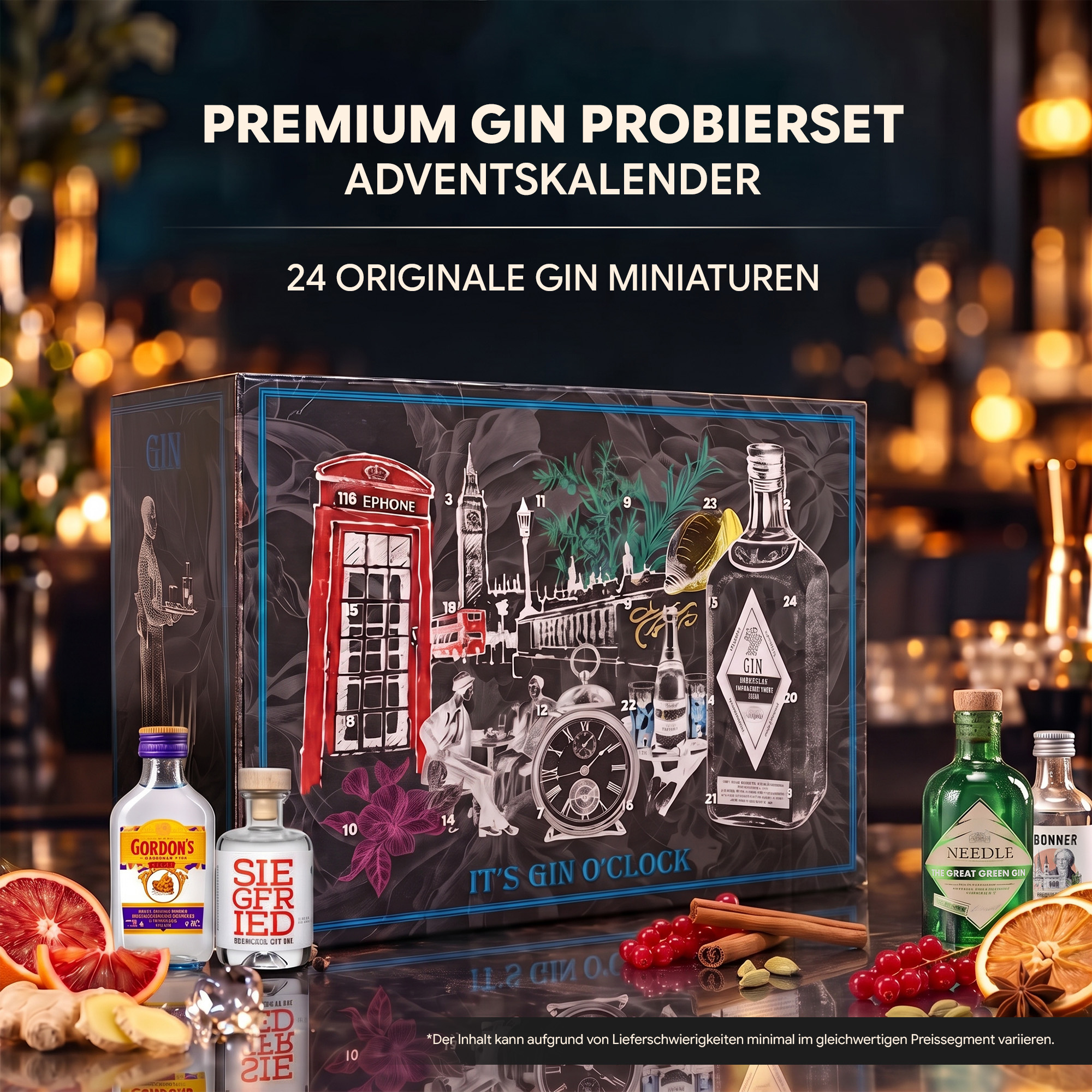 Gin Adventskalender mit 24 nummerierten Türchen, London-Design und originalen Gin-Miniaturen auf einer Bar-Theke.