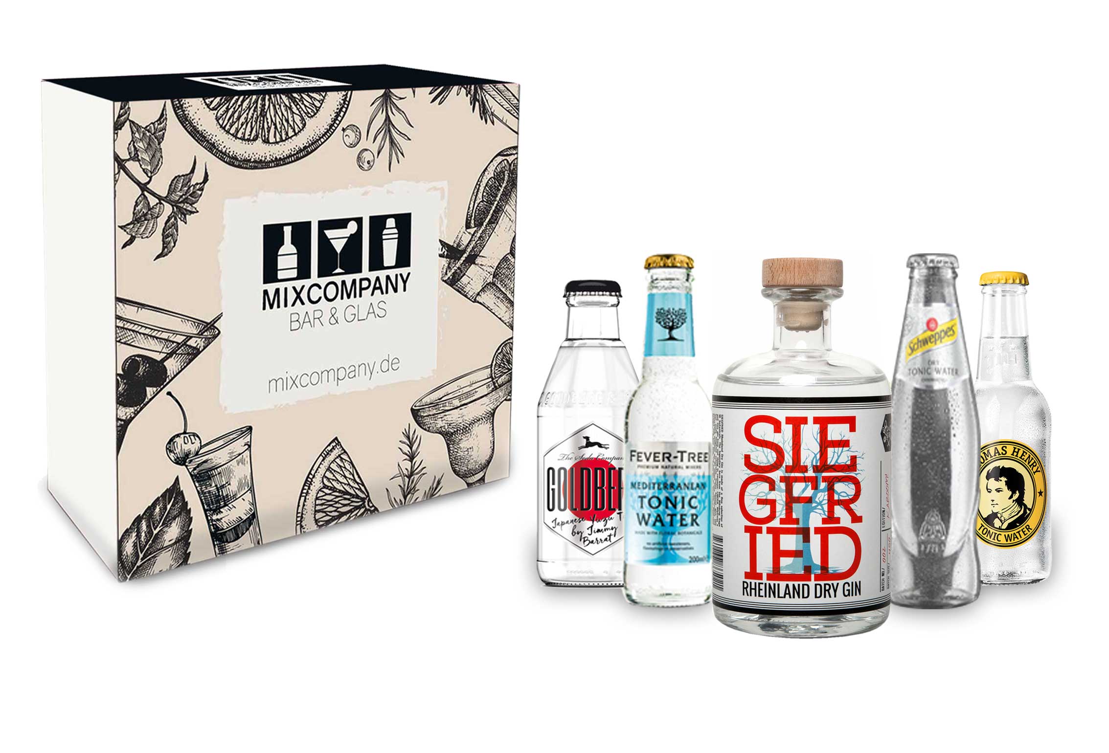 Siegfried Geschenkset - Rheinland Dry Gin 0,5l (41% Vol) + Goldberg Yuzu Fever Tree Mediterranean Schweppes Dry Thomas Henry Tonic je 200ml inkl. Pfand MEHRWEG- [Enthält Sulfite]