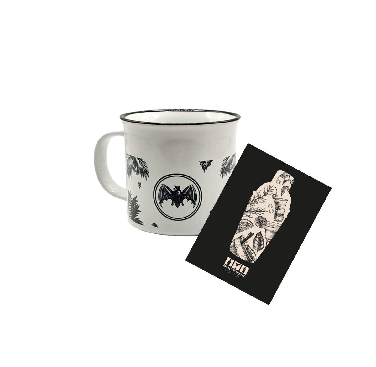 Bacardi Tasse Becher Glas Weiß mit Griff und schwarzem Druck