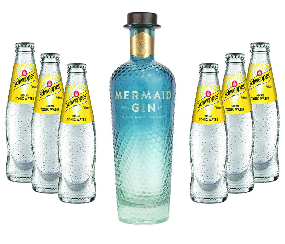 Mixcompany Gin Tonic Set - Mermaid Gin 0,7L 700ml (42% Vol) + 6x Schweppes Tonic Water 200ml inkl. Pfand MEHRWEG Gin Tonic Bar- [Enthält Sulfite]