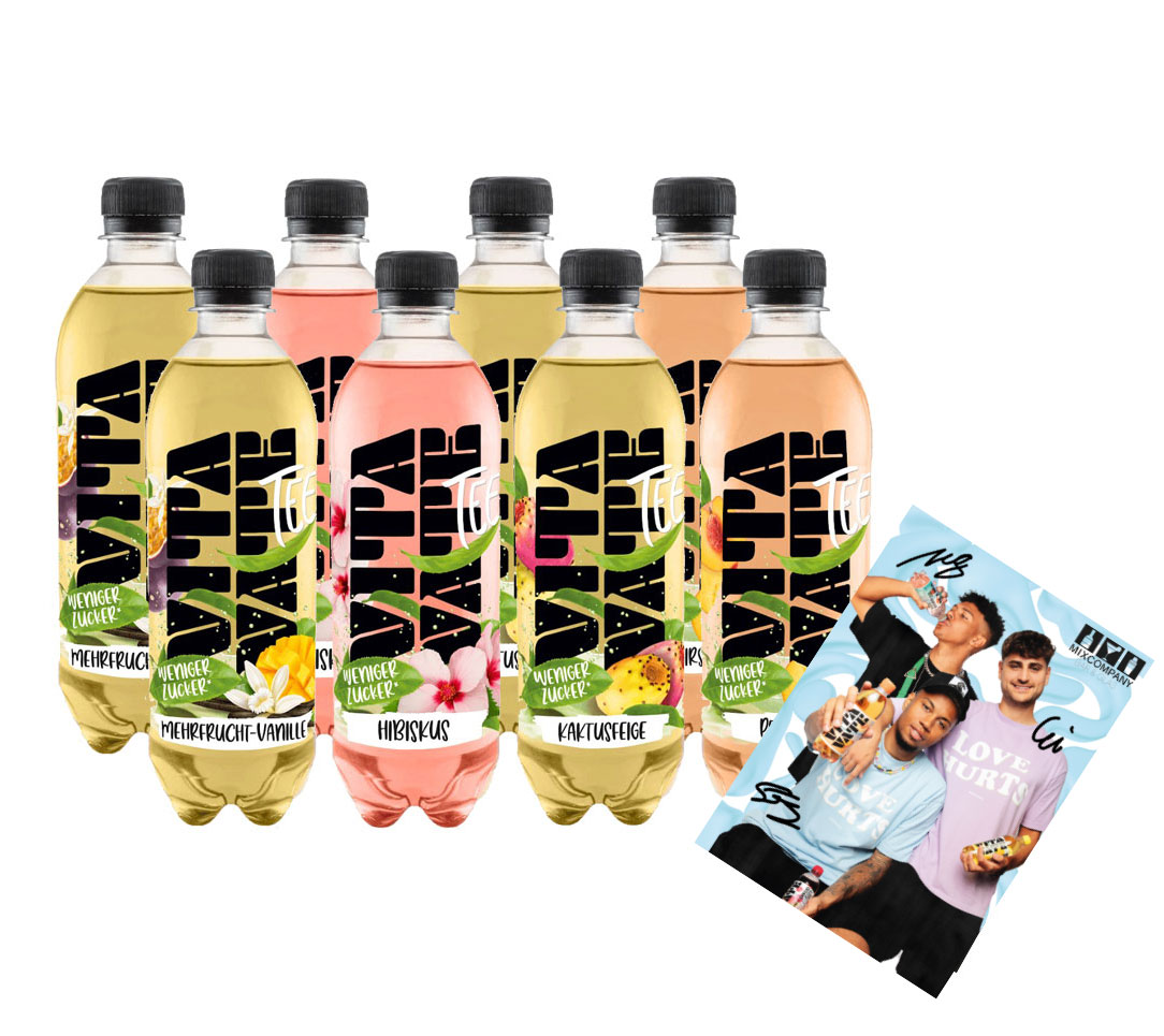 NEUE SORTEN 8er tasting Set Vitavate je 0,5L Tee - mit digitalisierter Autogrammkarte - Vitavate Mehrfrucht- Vanille + Pfirsich + Kaktusfeige + Hibiskus inkl. Pfand MEHRWEG von Twitch Streamern Elias Sidney Niklas 