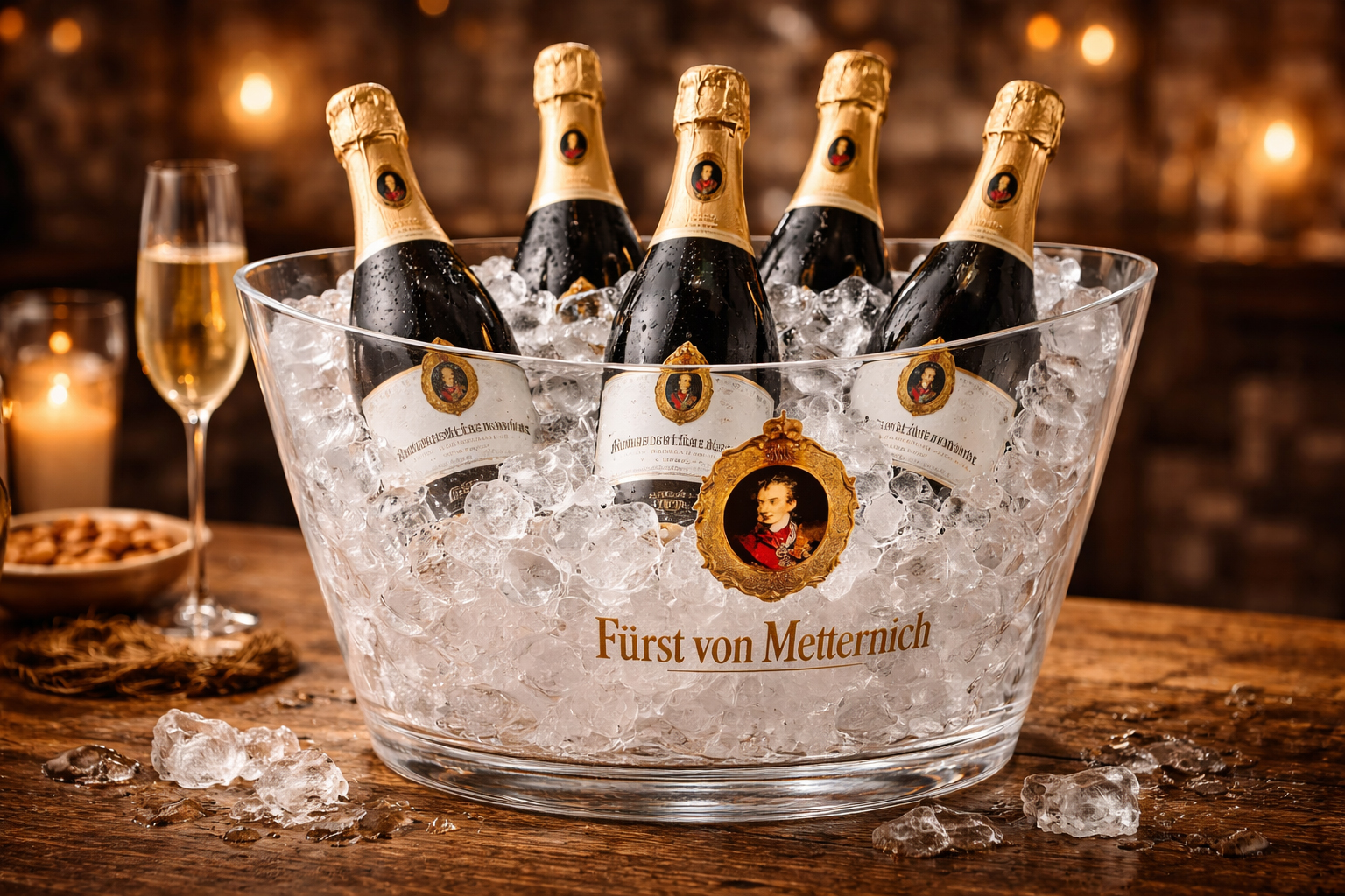 Fürst von Metternich Flaschenkühler / Getränkekühler 40 cm breit – transparenter Sektkühler mit Logo