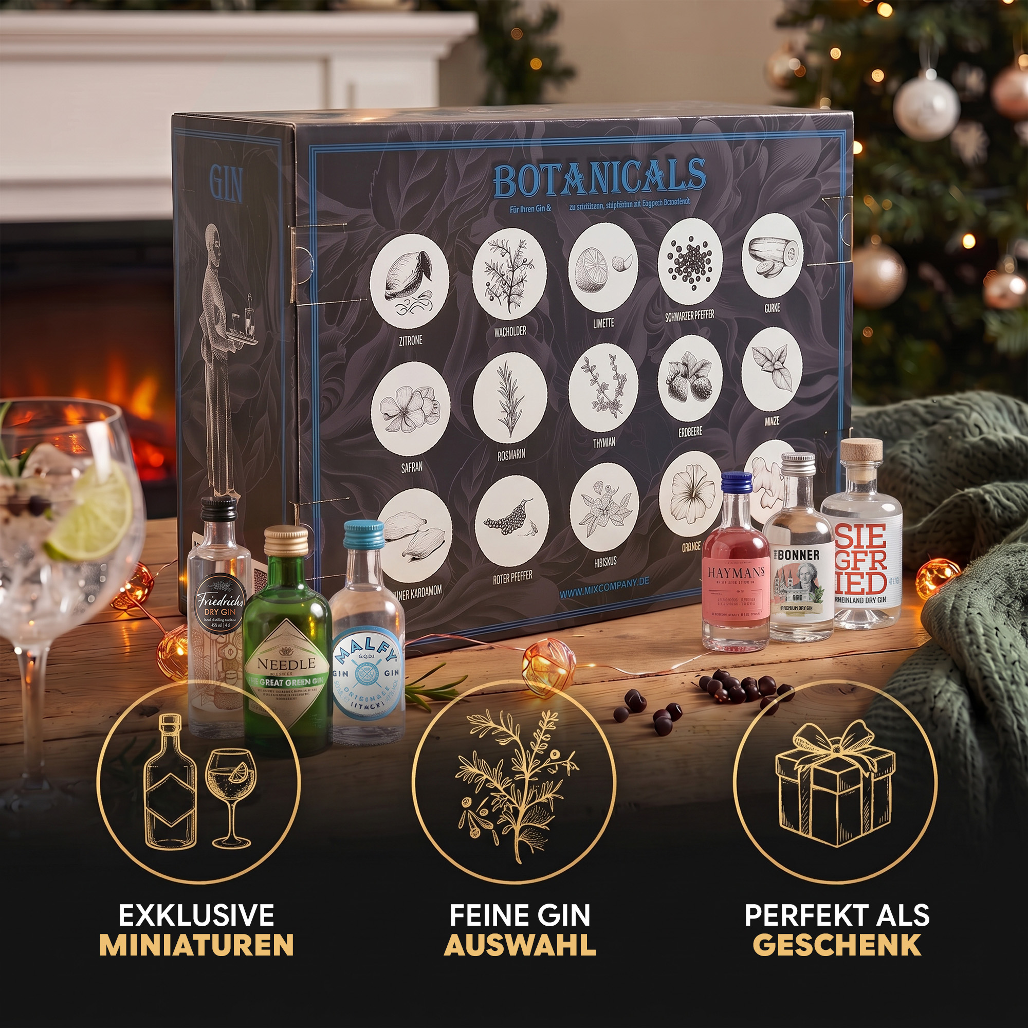 Gin Probierset vor einem gemütlichen Kaminfeuer mit ausgewählten Miniaturflaschen und Gin-Glas als perfekte Geschenkidee.