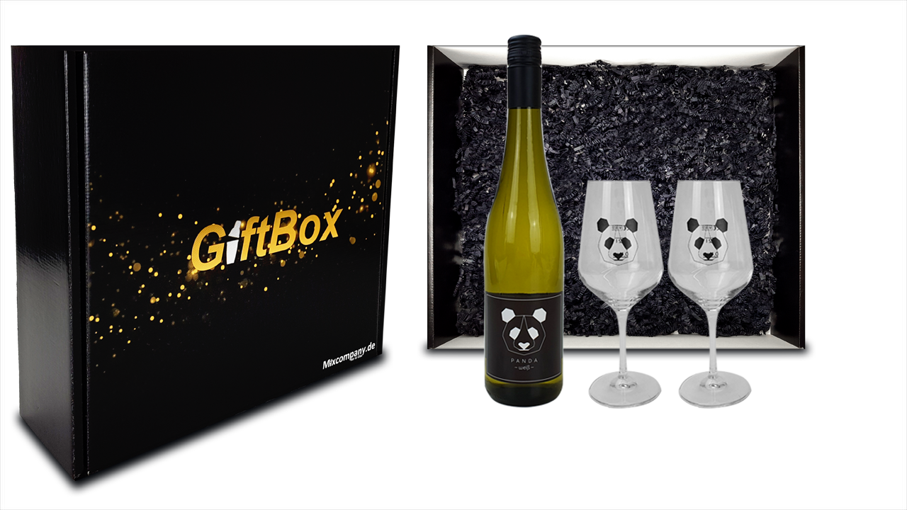 Panda Giftbox Geschenkset - Panda Weißwein Weißburgunder Wein (12% Vol) 0,75L + 2x Wein-Glas Gläser 0,1L/0,2L geeicht- [Enthält Sulfite]