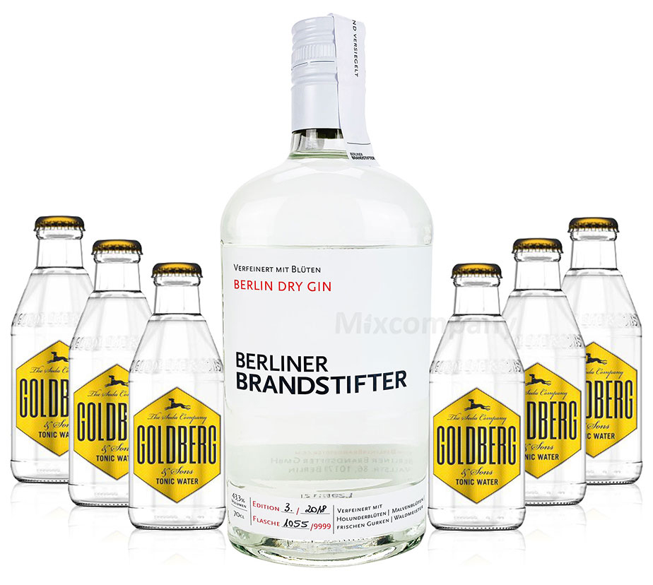 Brandstifter Berlin Dry Gin 0,7l (43,3% Vol) + 6x Goldberg Tonic Water 0,2l  MEHRWEG Bar Longdrink Cocktail Sammlung Gin Tonic inkl. PFAND- [Enthält  Sulfite] | 6903