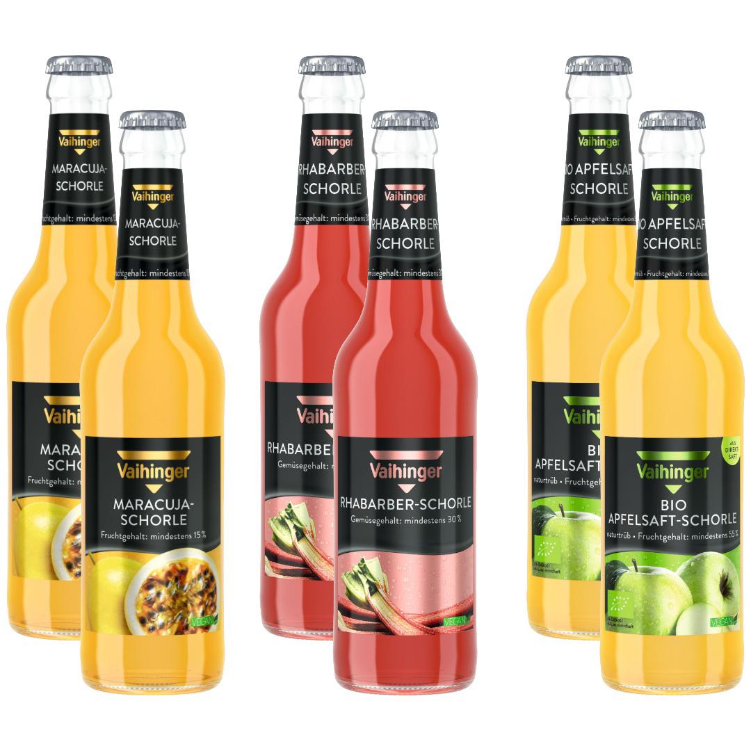 Vaihinger 6er Set Schorle 2x pro Sorte Bio Apfelsaft + Maracuja + Rhabarber je 330ml inkl. Pfand MEHRWEG 
