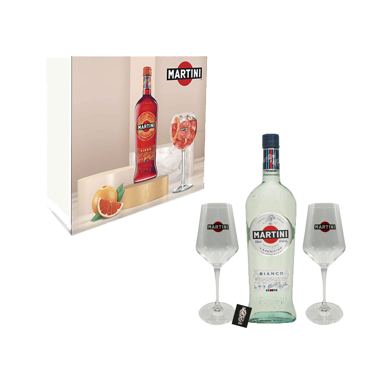 Martini Bianco Geschenkset - Martini Bianco 0,75L 14,4% Alk. + 2 x Martini Gläser nicht geeicht mit Geschenkbox 