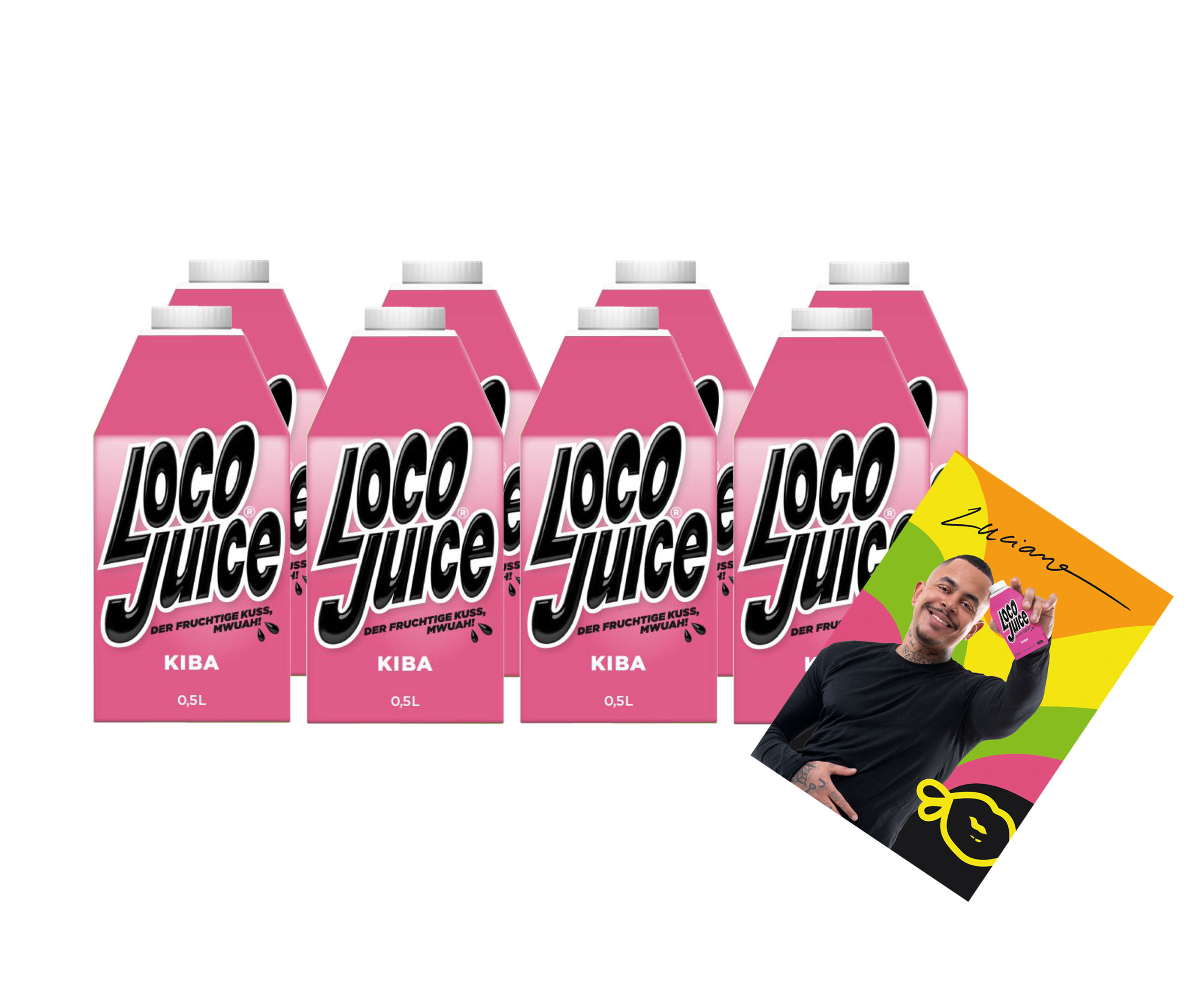 Loco Juice 8er Set Kiba 8x 0,5L von Luciano der Fruchtige Mwuah Kirsch Banane + digitalisierte Autogrammkarte