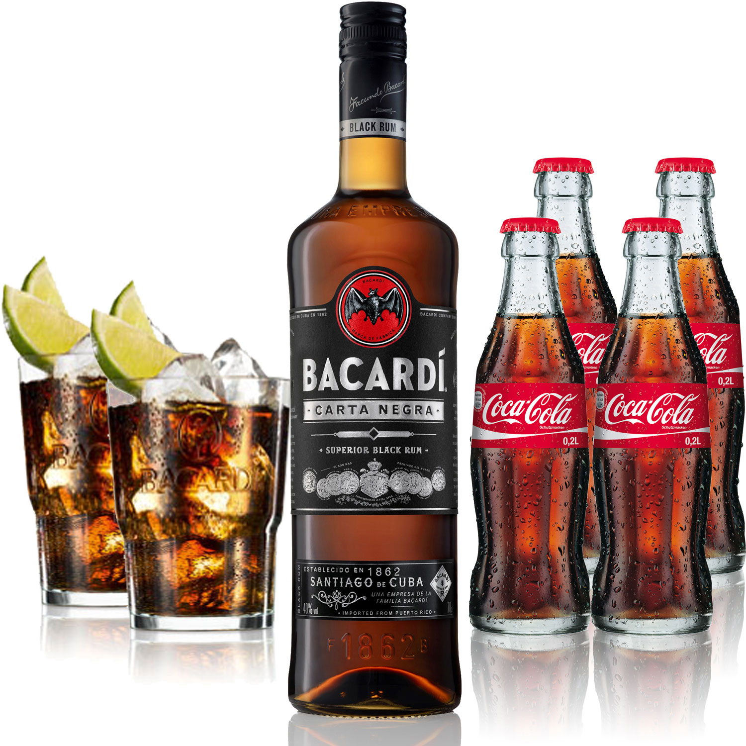 Cuba Libre Set - Bacardi Carta Negra Rum 1L (40% Vol) + 4x Coca Cola 0,2L + 2x Bacardi Glas Gläser 2/4cl geeicht - Inkl. Pfand MEHRWEG