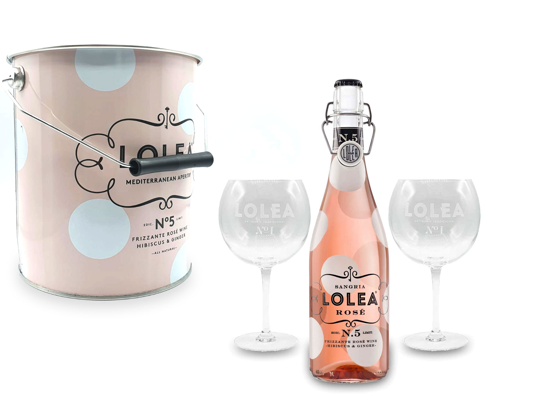 Lolea Set - Rosa Kühler mit Henkel + 2 Ballongläser + Lolea Sangria N°5 ROSE 0,75L (8% Vol) Rosewein Sangria Garnacha- und Tempranillo Trauben- [Enthält Sulfite]