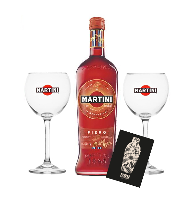 Martini Fiero Wermut 1L (14,4% Vol) + Martini Royale Ballon Cocktail Glas Set - 2x Gläser 47cl- [Enthält Sulfite]
